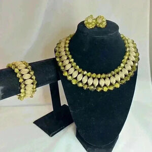 Vintage …Eugene …Olivine Glass  …necklace, earrings, bracelet Parure